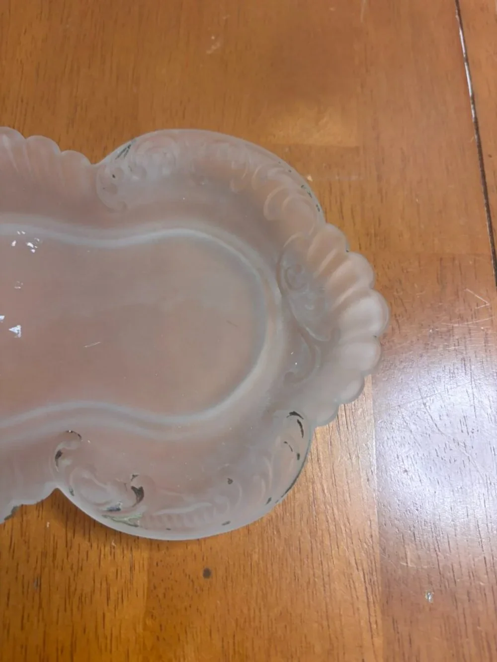 VTG Frosted Glass Trinket Dish Elegantly Sculpted Scroll Edge Tray 9